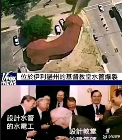 这是一张由上下两部分组成的搞笑拼接图。上半部分是FOX新闻的截图，显示一个航拍视角下的教堂，地面上有一个巨大的、类似人手形状的凸起物从地下伸出，配文"位於伊利諾州的基督教堂水管爆裂"。下半部分是一群穿着西装的中年男子在室内开怀大笑的场景，图片分别标注了"設計水管的水電工"和"設計教堂的建築師"。

图片通过夸张的视觉效果（巨型手掌暗示水管爆裂的严重程度）和人物的反应形成幽默对比，讽刺了工程设计可能存在的严重缺陷以及相关人员对此事的不负责任态度。