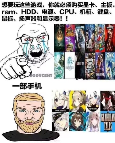 这是一张上下分栏的对比类梗图，通过两种不同神态的卡通meme人物，搭配不同平台的游戏封面，调侃PC/主机端游戏与移动端手游的入坑成本差异：
上方区域：愤怒流泪的光头卡通人物，手指向前方，旁边展示了《艾尔登法环》《塞尔达传说：王国之泪》《最终幻想16》《赛博朋克2077》《GTA5》等多款PC/主机端3A大作的封面，配文强调玩这类游戏需要购置显卡、主板、内存（ram）、机械硬盘（HDD）、电源、CPU、机箱、键盘、鼠标、扬声器和显示器等一整套昂贵的硬件设备，凸显入坑的高成本门槛。
下方区域：神态淡定的络腮胡卡通人物，旁边展示了《原神》《崩坏：星穹铁道》《蔚蓝档案》《守护者传说》等多款二次元移动端手游的封面，配文仅“一部手机”，突出手游只需一部手机就能游玩的极低门槛。
整张图通过强烈的成本反差，幽默地吐槽了不同游戏平台的入坑难度差异，引发玩家的共鸣。