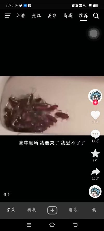 这是一张抖音平台的竖屏视频截图，画面核心内容是高中厕所的马桶区域，里面聚集了大量蟑螂，视觉冲击力极强。画面下方配有白色文字“高中厕所 我要哭了 我受不了了”，直白地传递出拍摄者（博主）对眼前脏乱场景的崩溃与无法忍受的情绪。截图完整呈现了抖音的界面元素：顶部有“经验、九江、关注、商城、推荐”的导航栏，右侧显示该视频的互动数据，包括3356个点赞、4.4万条评论、159个收藏、2.2万次转发，左下角标注了发布账号@_01，底部是抖音的“首页、朋友、+、消息、我”的导航栏，整体场景真实，容易引发观众对校园卫生问题的共情与不适。