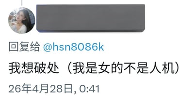 这是一张X平台的评论截图，截图显示某用户回复账号@hsn8086k的内容，正文为“我想破处（我是女的不是人机）”，发布时间标注为26年4月28日0:41，该用户头像是一名年轻女性的照片，其上方的原评论内容被灰色色块打码遮挡。评论中主动补充“我是女的不是人机”的多余说明，反而显得刻意欲盖弥彰，刚好对应“此地无银三百两”的含义，十分滑稽。