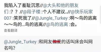 这是一张社交媒体评论截图，展示了一段关于"和网友亲密时是否会叫网名"的搞笑讨论。截图包含多条互动评论，其中@Jungle_Turkey提出了核心问题，@鸟的逃离简单回复"会"，引发其他网友如@快乐玩家007、@段子楼等人的调侃和回应。部分敏感内容已用红色色块打码处理。