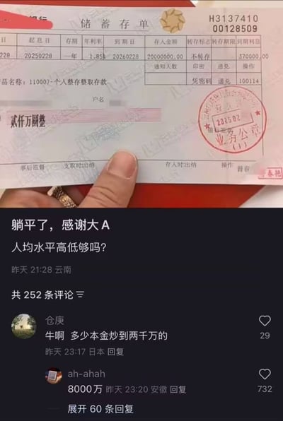 图片展示了一张200万元的储蓄存单，存单信息显示存入金额2000000.00元，年利率1.85%，存期一年，到期利息37000.00元。单据上有银行红色业务公章和相关存取款信息。一只戴着金戒指的手正拿着这张存单。图片下方配有文字：“躺平了，感谢大A 人均水平高低够吗？”，并显示有252条评论，其中热门评论讨论“多少本金炒到两千万的”。