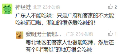 这是一张社交媒体评论区的截图，展示了两位用户针对“广东人是否能吃辣”这一话题展开的讨论。用户“神经蛙”首先发言，打破“广东人不能吃辣”的刻板印象，指出只是广府和客家的部分人群不太能吃辣，而潮汕地区有很多人爱吃辣；随后用户“發明男士情趣...”补充说明，粤北地区的客家人同样很能吃辣，并且提到南雄地区的人很会吃辣，进一步丰富了关于广东不同地域人群吃辣情况的认知。截图中还显示了两位用户的卡通头像、评论发布时间（23小时前）以及评论的点赞数。