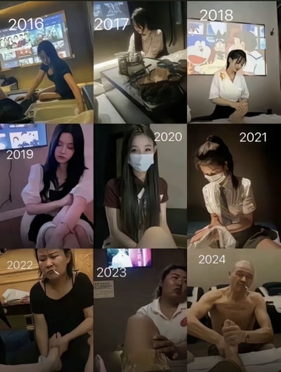 一张九宫格图片，展示了一位女性从2016年到2024年的形象变化。图片从左上角到右下角按年份排列，早期（2016-2019）女性形象较为年轻精致，穿着时尚，环境整洁；中期（2020-2021）开始佩戴口罩；后期（2022-2024）形象逐渐变得随意，2024年甚至出现了一位赤裸上身的男性，形成强烈的反差幽默效果。