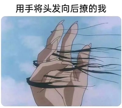 这是一张动漫风格的搞笑图片，上方配有文字"用手将头发向后撩的我"。图片主体是一只动漫风格的手，手指间缠绕着大量头发丝，背景是清澈的蓝天和白云。图片通过夸张的表现手法，幽默地展示了人们试图将头发向后撩时，头发却缠绕在手指上的尴尬又真实的场景，引发观众共鸣。
