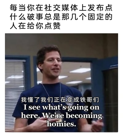 这是一张改编自美剧截图的搞笑梗图，上方配文点出了社交媒体上的常见场景——发布动态后总是固定的几个人点赞，下方使用《神烦警探》中杰克·佩拉尔塔的截图，配上“我懂了我们正在变成铁哥们 I see what's going on here. We're becoming homies.”的中英双语字幕，用一种幽默调侃的视角，将这种固定小圈子的互动解读为友情升温的表现，精准戳中了很多人在社交平台上的日常体验，用轻松诙谐的方式消解了社交互动中的小尴尬，传递出一种接地气的亲密感。
