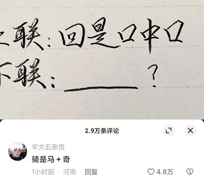 这是一张社交媒体平台的截图，上方是手写的拆字上联“回是口中口”，将“回”字拆解为一个“口”字嵌套另一个“口”字，留下下联空白处等待对答；下方是评论区界面，显示共有2.9万条评论，用户“牢大五条悟”（头像是动漫《咒术回战》中的角色五条悟）发布的评论“骑是马+奇”获得了4.8万点赞，该评论将“骑”字拆解为“马”和“奇”两个部分，精准对应上联的拆字逻辑，形成了工整的拆字下联，是该内容下的热门评论。