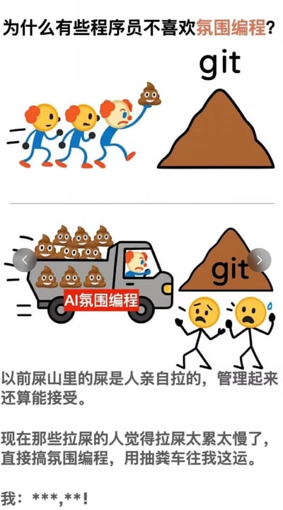 这是一张吐槽程序员对“氛围编程”不满的梗图，分为上下两部分。上部分：标题“为什么有些程序员不喜欢氛围编程？”下，三个黄色卡通人物（前两个表情正常，第三个小丑形象）举着便便 emoji 跑向标有“git”的屎山。下部分：一辆标有“AI氛围编程”的卡车装满便便 emoji，由小丑司机驾驶冲向 git 屎山，旁边两个简笔画人物双手抱头，表情崩溃。图下方文字解释：“以前屎山里的屎是人亲自拉的，管理起来还算能接受。现在那些拉屎的人觉得拉屎太累太慢了，直接搞氛围编程，用抽粪车往我这运。我：***,***!” 用“屎山”比喻 Git 仓库中的混乱代码，讽刺 AI 氛围编程生成低质量代码，加剧代码管理难度，引发程序员无奈吐槽。