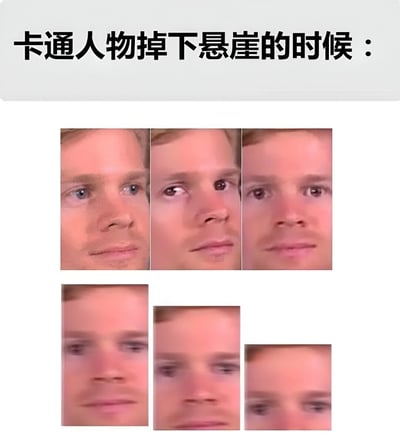 图片上方有文字“卡通人物掉下悬崖的时候：”，下方是六张同一男性的面部特写照片，呈2行3列排列。这些照片展示了表情从最初的平静，到逐渐惊讶、恐慌，最后变得模糊的过程，幽默地模仿了卡通人物掉下悬崖时的经典表情变化桥段。