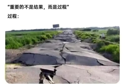 这是一张图文结合的网络梗图，上方配有励志标语式文字“重要的不是结果，而是过程”，紧接着标注“过程：”，下方搭配一张乡村野外的道路实景图。图中的道路大面积开裂、隆起，路面破碎不堪，崎岖到几乎无法正常通行。创作者用这种极具反差感的画面，将抽象的“艰难过程”具象化为破败难行的道路，以此调侃那些强调“过程比结果重要”的说法，精准戳中人们在奋斗、做事过程中遭遇重重困难时的无奈与共鸣，带有强烈的自嘲和吐槽情绪。