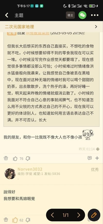 这是一张竖屏手机论坛截图，内容来自NGA玩家社区的“二次元国家地理”板块。截图上半部分引用了一段关于成长的治愈系文字，作者对比了小时候与长大后在物质需求、面对挫折、处理负面情绪以及表达不满方式上的变化，展现了成年人的自洽与温柔。紧接着，楼主在下方配了一个双眼无神的二次元沮丧表情包，并留言“我的朋友，和你一比我既不像大人也不像小孩”，表达了卡在成熟与幼稚之间的迷茫。截图下半部分是用户“Norven3032”的评论，他先用繁体字写下“說得好”表示认同，随后话锋一转，以同样的繁体字体写下“我想要和馬娘睏覺”（意为想和赛马娘一起睡觉）。这种前一秒还在探讨深刻人生哲理，后一秒立刻回归二次元宅男直白诉求的巨大反差，产生了强烈的喜剧效果，该评论也获得了62个点赞。
