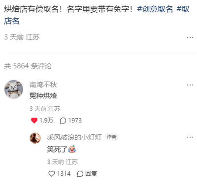 这是一张竖屏的社交媒体截图，发布者“乘风破浪的小灯灯”来自江苏，3天前发布了一条为烘焙店有偿征集带兔字店名的求助内容，附带话题#创意取名 #取店名。评论区用户“南湾不秋”来自江苏，3天前评论“冤种烘焙”，利用谐音关联带兔字的取名要求，同时结合当下流行的“冤种”梗，这条评论获得了1.9万点赞。发布者看到后回复“笑死了”，该回复也获得了1314个点赞，整体是有趣的用户互动，用谐音梗完成取名要求，十分搞笑。