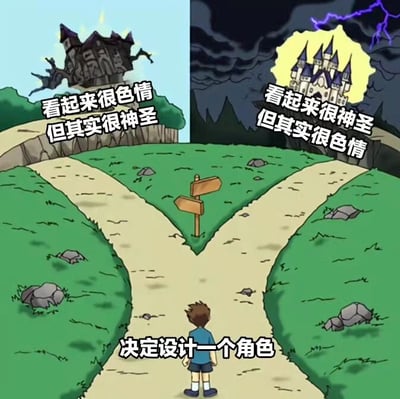 卡通风格的左右对比图中，一个男孩站在十字路口，面临两条路径的选择。左侧路径通向一座外观暗黑诡异的城堡，配文'看起来很色情但其实很神圣'；右侧路径通向一座发光神圣的城堡，配文'看起来很神圣但其实很色情'。画面底部有文字'决定设计一个角色'，整体通过外观与实际性质的反差，幽默展现角色设计中对'神圣'与'色情'元素的矛盾取舍。