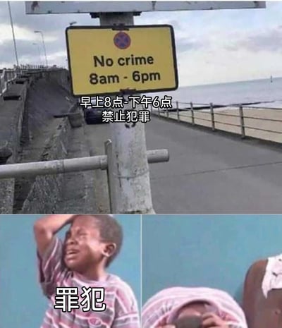 这是一张由上下两部分拼接而成的搞笑网络梗图。上半部分是户外沿海道路旁的场景，一块黄色路牌固定在水泥柱上，路牌上的英文文字为“No crime 8am - 6pm”，下方配有中文翻译“早上8点-下午6点 禁止犯罪”，这种设定打破了“犯罪在任何时间都被禁止”的常规认知，充满荒诞感；下半部分是两张黑人小孩的经典表情包拼接，左侧小孩抱头崩溃大哭，上方标注“罪犯”，右侧小孩捂脸，用夸张的情绪表现出在这种离谱规定下，“罪犯”因只能在特定时间段外犯罪而产生的崩溃与无奈，通过反差感制造强烈的搞笑效果。