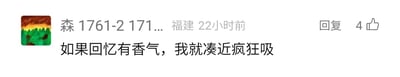 这是一张社交媒体平台的评论截图，界面展示了一条充满感性色彩的用户评论。评论发布者的昵称显示为“森1761-2 171...”，所在地标注为福建，发布时间为22小时前，该评论旁显示有4个点赞量和回复按钮。评论内容为“如果回忆有香气，我就凑近疯狂吸”，文字直白地表达了发布者对回忆的珍视，以及想要全身心沉浸在回忆中的强烈情绪，内容没有双关、谐音梗或暗示类的表达，整体风格偏向个人情绪抒发。