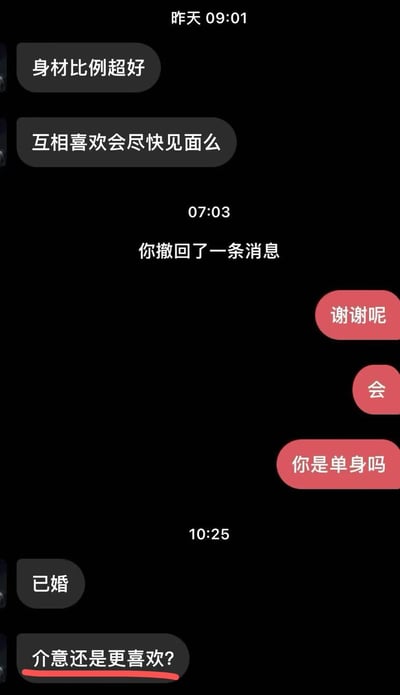 这是一张聊天记录截图，显示了双方在不同时间点的对话。内容涉及对身材比例的评价、互相喜欢是否会尽快见面的疑问，随后一方撤回了一条消息，接着另一方回应“谢谢呢”“会”，并询问“你是单身吗”，对方回复“已婚”，最后又问“介意还是更喜欢？”。整个对话围绕情感互动展开，撤回的消息增加了对话的悬念。