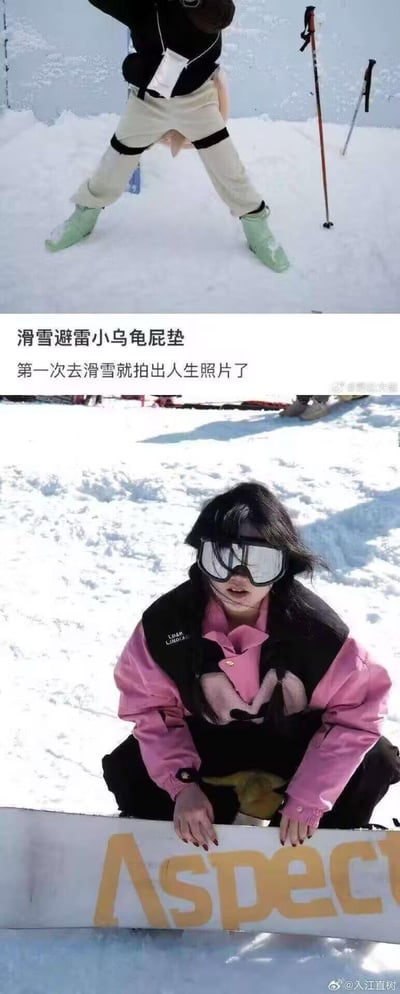 这是一组记录新手滑雪趣事的上下对比梗图：上图中一位滑雪者双腿分开站立，背后的小乌龟护臀垫露出，视觉上像长出了尾巴，姿势尴尬；下图里一位女生戴着滑雪镜，头发被风吹得凌乱，蹲在雪地里扶着印有「Aspect」字样的滑雪板，表情无奈。配文「滑雪避雷小乌龟屁垫 第一次去滑雪就拍出人生照片了」，吐槽滑雪时使用的小乌龟护臀垫容易造成尴尬的拍照效果，真实还原新手滑雪时的社死瞬间，充满搞笑氛围。