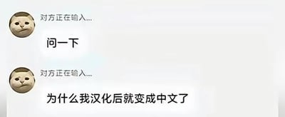这是一张常见的网络聊天表情梗图，主角用“摸鱼莫言”风格的表情头像，配文为“问一下 为什么我汉化后就变成中文了”。这句话本身就是一种无厘头反问，因为“汉化”本意就是转换成中文，所以形成了幽默反差。类似的梗图常被用来讽刺、调侃明显常识被当疑问来问的尴尬场景，或用来吐槽低级问题。整体风格轻松搞笑，具有网络迷因特有的荒诞质感。