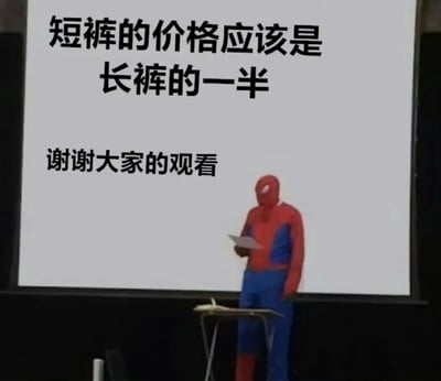 图片中一名身着蜘蛛侠红蓝经典 costume 的人站在讲台后，手持纸张正在进行演讲。身后的投影屏幕上用黑色加粗字体显示着核心观点：“短裤的价格应该是长裤的一半”，下方还有“谢谢大家的观看”的结束语。整体场景模仿正式演讲的严肃氛围，但搭配蜘蛛侠的装扮和关于服装定价的无厘头论点，形成强烈的反差萌，充满幽默搞笑的效果。