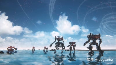 这是《装甲核心6：境界天火》的结局CG画面，多台造型极具机械感的硬核机甲在澄澈的浅海区域中稳步前行，从近到远排列开来，背景是点缀着白云的湛蓝天空，空中还浮现出带有未来感的环形科技纹路与闪烁的光点，画面下方弹出角色艾儿的台词「我们一起，开创新时代……」，整体画面充满史诗感，传递出迈向新征程的希望与力量。
