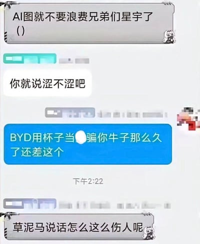 这是一段群聊记录截图，对话围绕AI生成的涩图展开：
1. 群友吐槽AI涩图浪费大家的“星宇”（疑似某种资源）；
2. 有人反问“你就说涩不涩吧”试图转移重点；
3. 群友用扎心的低俗调侃怼回去，暗示对方早就用杯子解决需求，不差这AI图；
4. 被怼的人指责对方说话伤人。
其中包含低俗谐音梗与网络脏话：“BYD”是“逼养的”谐音脏话，“牛子”是低俗指代用语，“杯子当○”是暗示用杯子解决生理需求的低俗调侃。