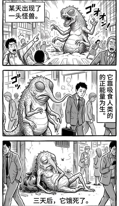 这是一幅三格黑白日式讽刺漫画，第一格绘制城市街头突然出现一头外形凶狠的怪兽，路人纷纷惊慌逃窜，有人指着怪兽示警；第二格说明该怪兽的生存方式是吸食人类的正能量，但街头过往的上班族都满脸疲惫、毫无朝气，怪兽也因此变得萎靡不振；第三格交代结局，三天后怪兽直接饿瘫在路边死亡，周围的上班族依旧神色麻木地路过，完全没有受到影响。作品用夸张荒诞的设定，暗讽当代上班族普遍被工作消磨精力、精神内耗严重、缺乏正能量的生存现状。