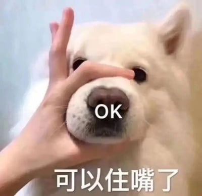 这是一张文字加注的静态趣味表情包，画面主体是一只浅色的宠物狗，它的脸部前方有一只人的手比出OK手势，手势的环形部分恰好套在狗狗的嘴巴位置，同时在狗狗嘴部的手势环内配有白色的“OK”字样，图片下方则配有黑色的“可以住嘴了”文字。整体通过手势与文字的巧妙结合，用幽默诙谐的方式表达希望对方停止发言、不要再继续说话的诉求，这种表达温和且带有调侃意味，不会显得生硬，非常适合在日常社交聊天中用来打断对方的话题、调侃对方的发言或者传递不想再听下去的情绪。