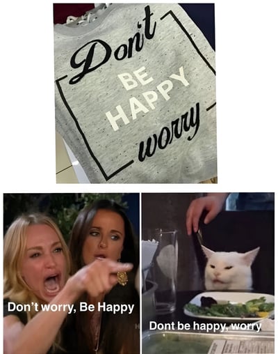 这是一张由三部分组成的梗图，通过反转经典歌曲《Don't Worry Be Happy》的歌词制造幽默效果。上部分是一件灰色T恤，上面印着"Don't BE HAPPY worry"；左下部分是两位女性，其中金发女性手指着对方大喊，下方配文"Don't worry, Be Happy"；右下部分是一只表情不满的白猫看着一盘沙拉，下方配文"Dont be happy, worry"。