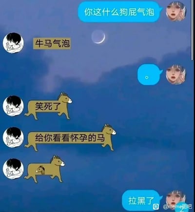 这是一张充满趣味的聊天记录截图，对话双方围绕创意气泡展开互动。女生首先吐槽男生的气泡“你这什么狗屁气泡”，男生回应这是“牛马气泡”；随后男生用马形气泡发送“笑死了”“给你看看怀孕的马”，最后展示了一个肚子里带着小马的马形气泡，将对话气泡和动物形象结合，玩出了“怀孕的马”的无厘头梗，女生最后以“拉黑了”结束对话，整个内容充满滑稽的搞笑感，是网友创作的创意meme作品。