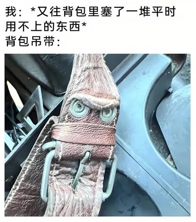 一张幽默梗图，上方文字描述'我：又往背包里塞了一堆平时用不上的东西'，下方是一张背包吊带的特写照片，吊带的金属扣被P上了一双疲惫的眼睛，拟人化地表现了背包不堪重负的状态。