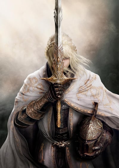 这是FromSoftware开发的魂系游戏《艾尔登法环》的DLC《黄金树之影》的官方宣传3D渲染图，图中角色为米凯拉，他有着编起的淡金色长发，手持一把装饰着复杂金色纹路的长剑，剑身遮挡住半张脸庞，另一只手握着雕刻华丽花纹的头盔，身着带有精致金色植物纹饰的白色披风与雕花金属盔甲，背景是朦胧的灰雾，整体氛围肃穆庄重，尽显角色的威严与剑士的冷峻气场。