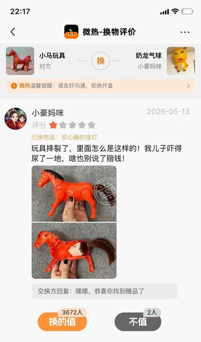 这是微热换物平台的用户评价截图，页面顶部显示本次交换是对方用小马玩具换小豪妈咪的奶龙气球，平台标注有“友好沟通，拒绝开盒”的提醒；用户小豪妈咪给出1星评价，称自己换到的小马玩具摔裂后内部露出了卡通人偶头部，吓到自己的儿子尿了一地，要求对方赔钱，交换方则回复调侃称恭喜她找到赠品；页面底部有投票选项，3672人认为这次交换值，2人认为不值。