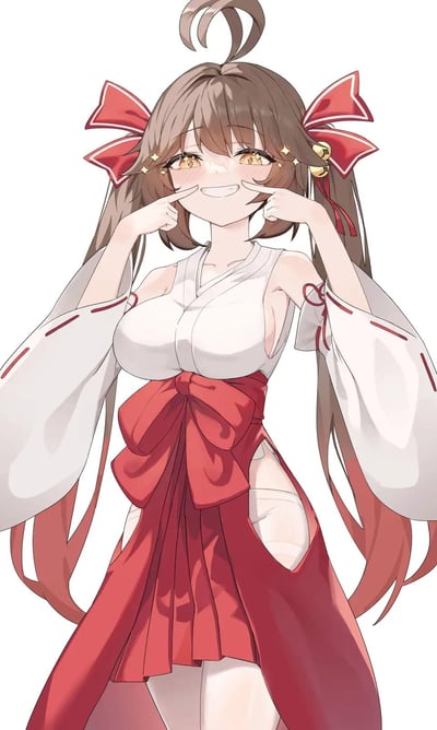 图中是一位穿着改良款巫女服的二次元少女，棕色长发扎成双马尾，发尾带有渐变红，发饰是红色大蝴蝶结搭配金色铃铛，头顶还有俏皮的呆毛。她身着白色无袖巫女上衣，搭配红色宽腰封与同色系裙装，袖子是带有红色系带的可拆卸宽袖设计。少女双手用食指扯着自己的嘴角，露出大大的笑容，眼睛里点缀着星星特效，整体氛围元气又软萌，背景为纯白色，风格是日系二次元卡通画风。