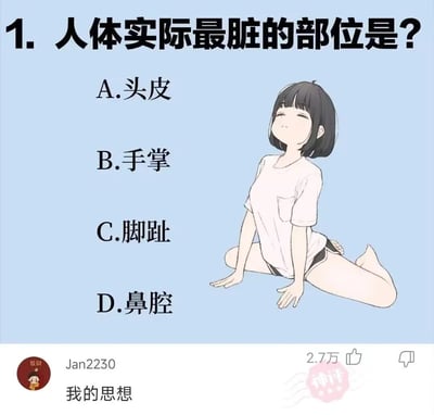 这是一张网络趣味知识问答类图文内容，背景为浅蓝色，右侧绘制了一位跪坐的卡通短发女孩，她身着白色短袖T恤与黑色短裤，闭眼露出放松的神情，双手撑在身体前方地面。左侧是一道关于人体知识的选择题，题目为“1. 人体实际最脏的部位是？”，给出的选项为A.头皮、B.手掌、C.脚趾、D.鼻腔，从科学角度来说，正确答案是D.鼻腔，鼻腔内的褶皱和粘液容易积累大量细菌、灰尘等脏污。图片下方展示了一条来自用户“Jan2230”的评论，内容为“我的思想”，该评论被标注为“神评”，获得了2.7万次点赞，属于玩梗式的回答，并未选择题目给出的选项，用调侃的方式制造趣味效果。
