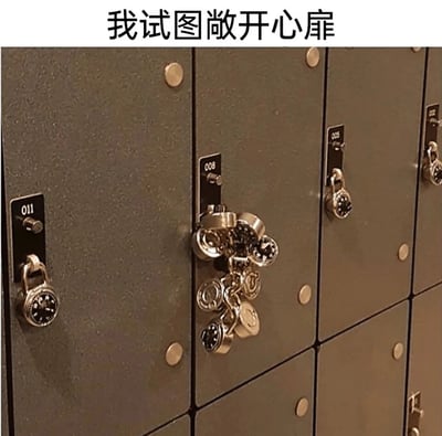 这是一张文字加注的P图改编梗图，顶部配有文字“我试图敞开心扉”，画面主体是一排带有密码锁的储物柜，其中大部分储物柜仅挂有一个密码锁，而中间的储物柜上挂着一堆纠缠在一起的密码锁。图中用储物柜象征人的内心，单个锁代表正常的封闭状态，而挂满纠缠锁的柜子则隐喻人们想要敞开心扉时，反而被更多的“枷锁”束缚，内心陷入更混乱、封闭的状态，精准地表达了人际交往中想要打开内心却难以做到的心理困境，引发有类似感受的人的共鸣。