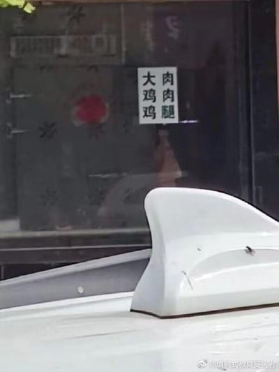 这张图片为日常原始拍摄的静态单图，前景是白色汽车的鲨鱼鳍天线，背景是一家店铺的玻璃门，门上贴着白底黑字的食品招牌。招牌分为左右两列，左列写着“大鸡鸡”，右列写着“肉肉腿”，这种排版方式形成了搞笑的双关效果，容易让人产生不雅的误解，实际应该是店铺售卖“大鸡肉”与“鸡肉腿”，是招牌排版拆分文字时出现的失误，制造出了趣味反差感。