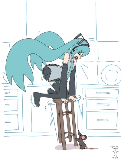 插画中，虚拟歌手初音未来穿着标志性的蓝绿色服装和耳机，正惊恐地站在厨房的凳子上。她身体前倾，嘴巴大张，眼睛紧闭，长长的双马尾因动作而向后扬起，一只脚还悬在半空，似乎被地板上的小老鼠吓到了。背景中可以看到简单勾勒的厨房橱柜和盘子。