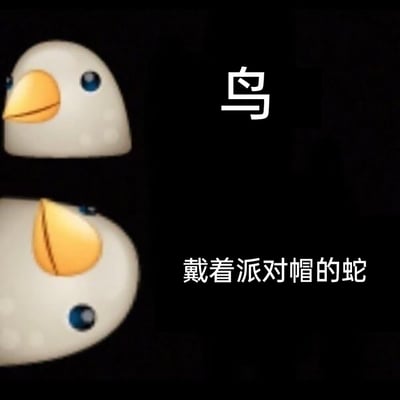 这是一张上下布局的趣味对比梗图，上方是正常角度展示的鸟emoji，旁边标注文字“鸟”；下方将同一个鸟emoji进行旋转，由于角度变化产生视觉错位，原本的鸟嘴看起来像派对帽，眼睛的位置也发生偏移，整体看起来如同“戴着派对帽的蛇”，并配有对应的文字标注，通过视觉错觉的效果制造出荒诞搞笑的趣味感，属于网友对emoji的创意二次创作。
