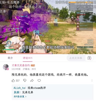 这是一张B站游戏介绍视频的截图，上半部分是开放世界游戏《幻兽帕鲁》的实机演示画面，展示了帕鲁协助玩家战斗的场景，画面上方满是观众的吐槽弹幕，比如「蚌埠住了」「这个动作……堡垒之夜」等；下半部分是视频的评论区，热评「陪兄弟玩的，他很喜欢这个游戏，而我不一样，我喜欢他。」模仿Steam经典同性向暖心评论风格，搭配其他用户的回复「经典steam热评」「兄弟兄弟」，营造出搞笑又带点暧昧的趣味效果。
没有双关或谐音梗，评论通过直白的表达制造出同性好感的趣味笑点。