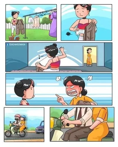这是一个六格漫画，讲述了一个女孩和母亲之间因一件衣服引发的误会。第一格：女孩在院子里晾衣服；第二格：女孩从一件外套口袋里发现了一个物品；第三格：女孩开心地跳舞；第四格：母亲愤怒地指着女孩；第五格：两个人骑着摩托车；第六格：一男一女骑着摩托车。