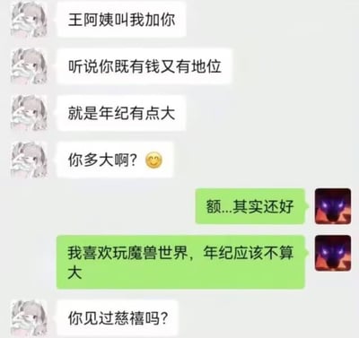 这是一张社交软件聊天记录截图，内容为相亲双方的搞笑对话：女方先是说明自己是经王阿姨介绍添加的好友，称听说男方有钱有地位但年纪偏大，询问男方年龄；男方回复自己喜欢玩魔兽世界，年纪不算大；女方随即反问“你见过慈禧吗”，用极度夸张的方式调侃魔兽世界运营时间很久，玩这款游戏的人年龄都非常大，将魔兽玩家的年龄夸张到了晚清慈禧所处的时期，制造出强烈的搞笑反差效果。