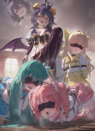 画面中心是一位身着暗紫色恶魔风格服饰、带有小恶魔翅膀的紫发少女，她神态张狂得意，脚踩在一位绿发蒙眼被绑少女的头上，手中还牵着牵引绳；她身后还有一个和她长相相似的虚影少女，面露惊恐不安。画面右侧是金发蒙眼被绑的少女，面露羞窘委屈；左侧下方是绿发、粉发的蒙眼被绑少女，姿态屈辱，整体场景充满了支配与被支配的氛围，画风是精致的二次元AI绘画风格，无谐音梗或双关内容。