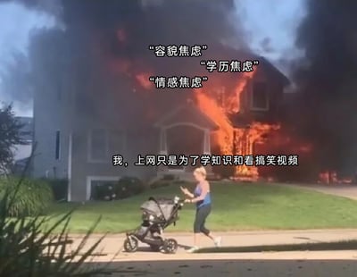 这是一张经过文字改编的梗图，画面背景是一栋正在剧烈燃烧、冒出大量黑烟的独栋房屋，房屋上方配有文字“‘容貌焦虑’‘学历焦虑’‘情感焦虑’”，用来指代网络上泛滥的各类制造焦虑的内容；画面前景是一位推着婴儿车的女士，她淡定地看着手机，从着火的房子旁走过，下方配文“我，上网只是为了学知识和看搞笑视频”。整幅图通过强烈的视觉和文字反差，生动地表现了上网用户原本抱着轻松学习、娱乐的初衷，却被网络上各类焦虑信息轰炸，只能无奈“逃离”的真实心态。