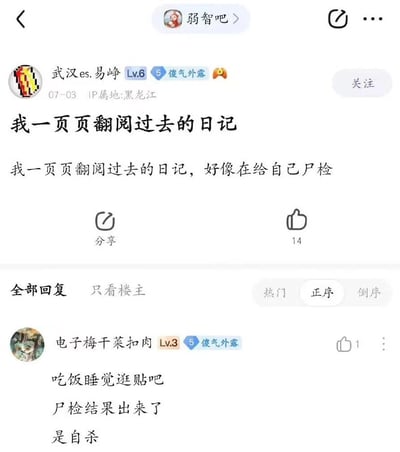 这是一张百度贴吧的帖子截图，用户"武汉es.易峥"发布了一条引人深思的动态："我一页页翻阅过去的日记，好像在给自己尸检"。这条充满黑色幽默的自我调侃获得了14个点赞。下方有一条神评论来自用户"电子梅干菜扣肉"，延续了这个比喻："吃饭睡觉逛贴吧 尸检结果出来了 是自杀"，形成了有趣的互动效果。