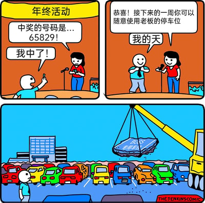 这是一幅三格连环搞笑漫画，描绘了职场年终活动的荒诞反转：第一格是公司年终活动现场，红衣服女主持人公布中奖号码为65829，一位男员工兴奋地举手喊自己中了奖；第二格主持人宣布奖品为“接下来一周可以随意使用老板的停车位”，男员工露出惊喜的表情；第三格场景切换到公司外的停车场，这里密密麻麻停满了各色车辆，一台黄色吊车正吊着写有“BOSS专用车位”的地面板块，中奖的男员工站在一旁，一脸错愕。原来“随意使用”是将整个停车位吊走，让他根本无法使用，用夸张的反套路方式制造了职场搞笑效果，讽刺了看似诱人实则无用的职场福利。