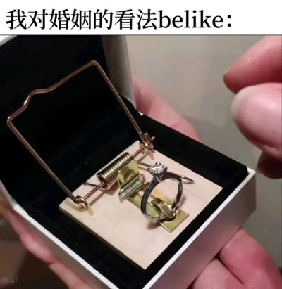图片上方有文字'我对婚姻的看法belike：'，下方是一只手拿着打开的首饰盒，盒内没有常规戒指，而是一个捕鼠夹，上面放置了一枚钻戒。通过将婚姻比喻为带有陷阱的戒指，以幽默讽刺的方式表达对婚姻的谨慎或负面看法。