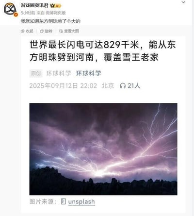 这是一张微博平台的社交媒体截图，内容是微博用户“游戏圈资讯君”转发了科普账号“环球科学”发布的一篇关于超长闪电的科普内容。科普文章标题为“世界最长闪电可达829千米，能从东方明珠劈到河南，覆盖雪王老家”，用上海地标东方明珠到河南的距离来具象化闪电的长度，同时提到河南是蜜雪冰城IP“雪王”的老家，用大众熟悉的IP和地标降低科普的理解门槛。转发的网友配文“我就知道东方明珠憋了个大的”，用调侃的语气玩梗，将闪电的出现和东方明珠关联起来，增添趣味。截图中还配有一张来自unsplash的闪电实拍图，展示了壮观的自然闪电景象。