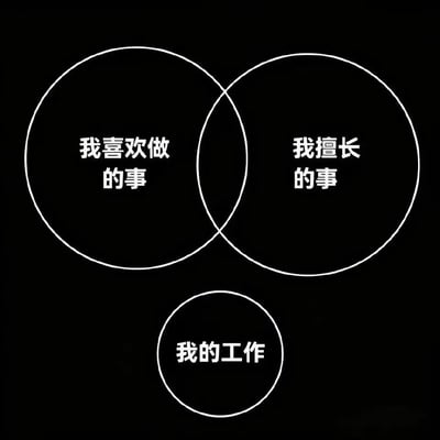整张图为黑底白字的简约风格，以维恩图的形式进行内容表达：上方排布两个相互存在交集的大圆圈，分别标注“我喜欢做的事”和“我擅长的事”，二者的交集代表既喜欢又擅长的事；在两个大圆圈的下方单独排布一个小圆圈，标注“我的工作”，该圆圈与上方两个大圆圈完全没有任何重叠，用直观的图形反差调侃当代职场人普遍面临的工作内容既不符合个人喜好、也不属于个人擅长领域的无奈现状，很容易引发职场群体的共鸣。
