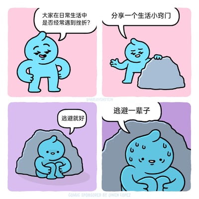 这是一幅四格连环卡通漫画，采用反讽的创作风格来调侃生活中的消极应对心态。第一格中，蓝色卡通小人叉腰而立，以轻松的语气询问观者是否在日常生活中经常遭遇挫折；第二格，它倚靠在一块灰色的凹陷石头旁，宣称要分享一个生活小窍门；第三格，它蜷缩着身体躲进石头的凹陷处，给出“逃避就好”的“办法”；第四格，它在凹陷处满头大汗，配文“逃避一辈子”，直白地展现出长期逃避带来的压抑与焦虑，用夸张的方式讽刺了一味逃避问题的行为，看似给出解决挫折的方案，实则点出这种做法的负面后果。