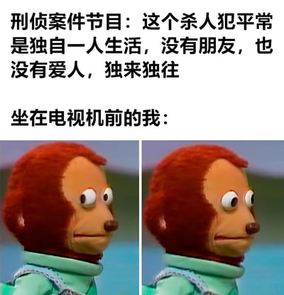 图片采用上下图文混排、下部分左右对比的结构。上半部分为黑色文字，左侧是“刑侦案件节目：这个杀人犯平常是独自一人生活，没有朋友，也没有爱人，独来独往”，右侧是“坐在电视机前的我：”。下半部分左右各一张红毛木偶特写，木偶均为红色毛发、橙色面部，穿着浅绿色衣服，表情呆滞，双眼圆睁看向左侧，两张图片姿态几乎一致。通过刑侦节目对杀人犯独居特征的描述与“我”的反应形成关联，以幽默方式自嘲独居生活状态与节目中负面形象特征的巧合。